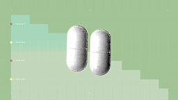 In the center of a light green background with graph paper texture and representational step graph are two black and white cutout oblong pills.
GoodRx Health