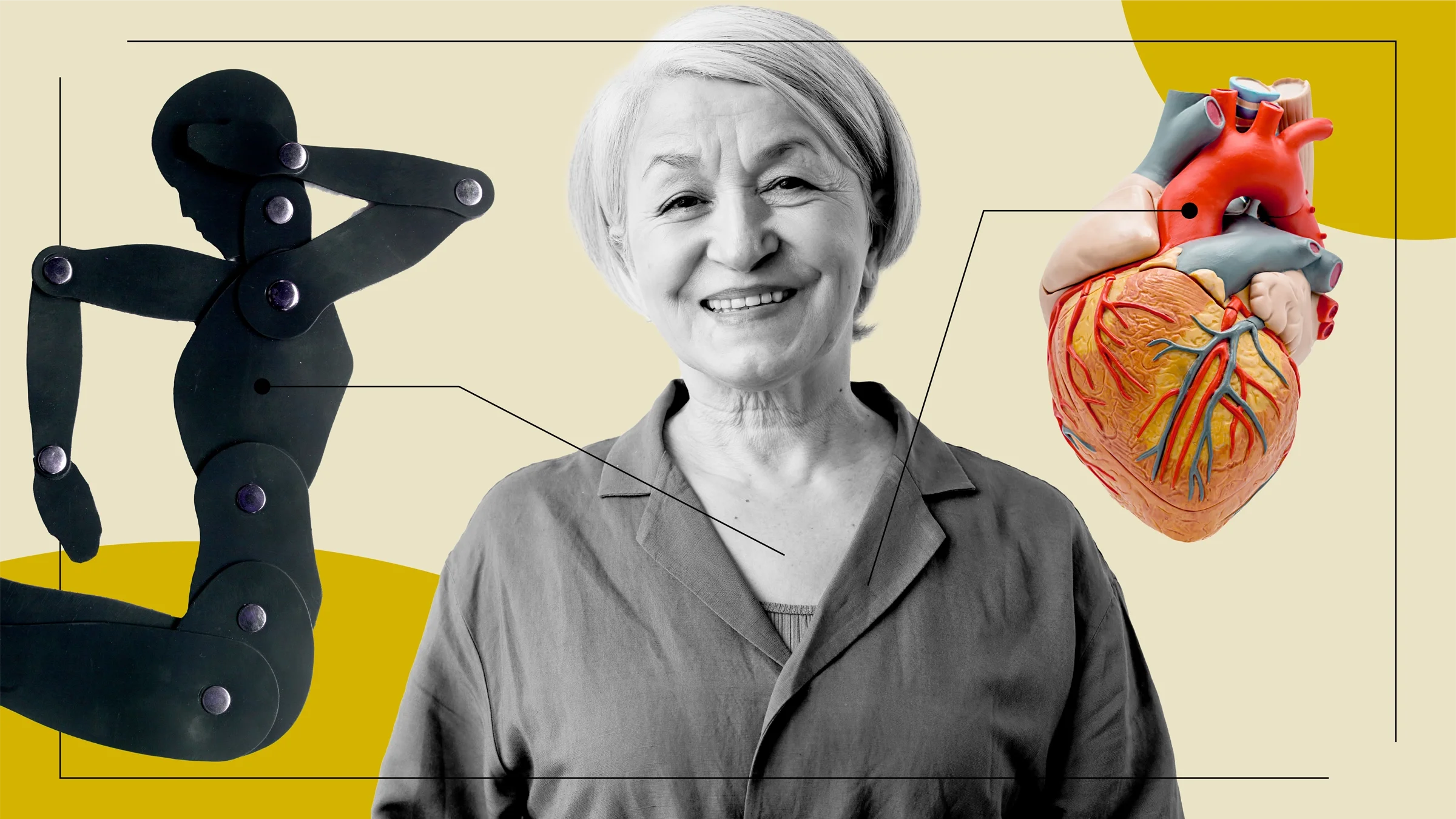 Graphic showcasing the way Crestor can make you feel. There is a subject in the middle with diagram lines pointing to a paper movable figure representing body aches and an anatomical heart representing lowered cholesterol. 
