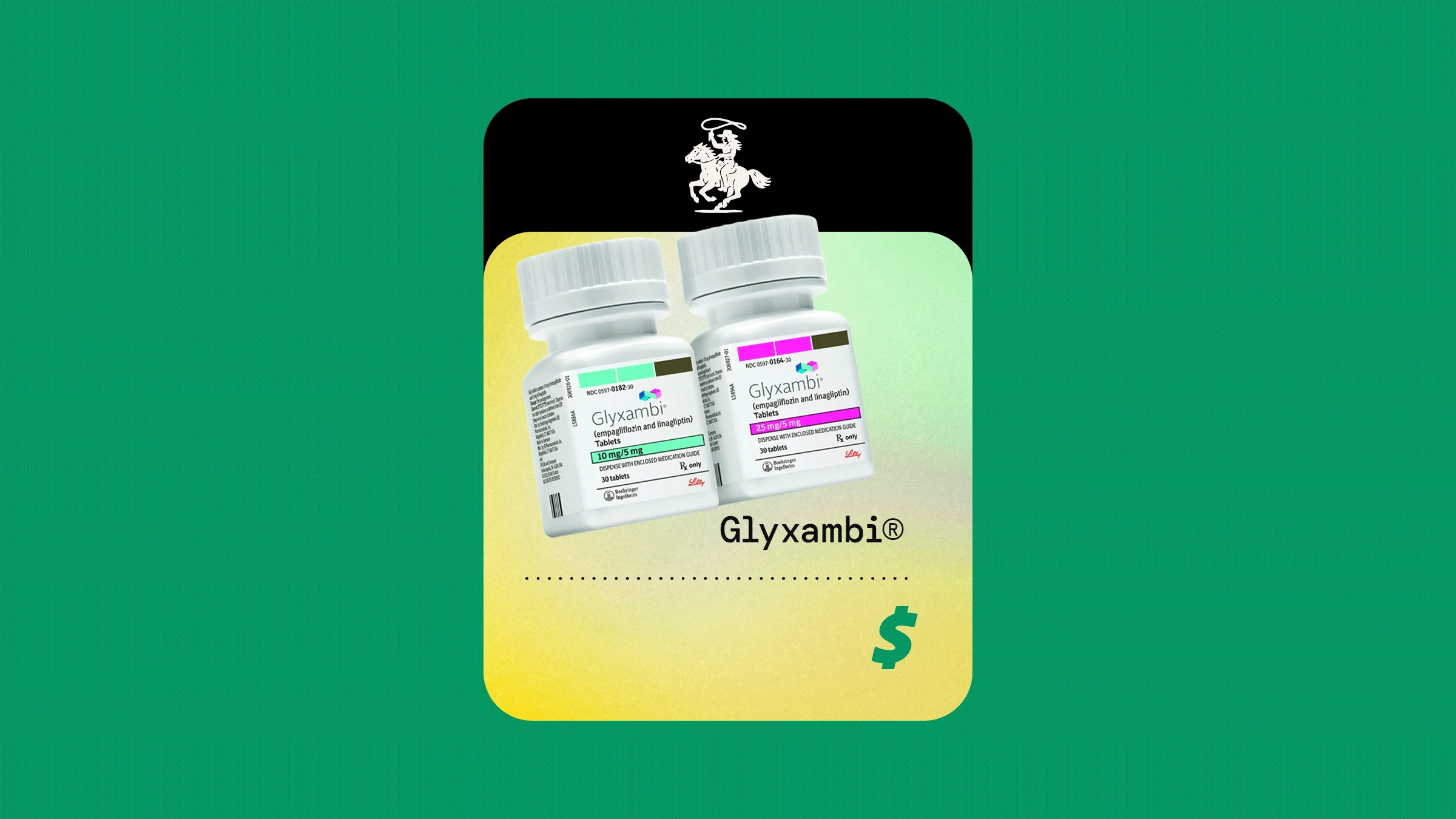 Two bottles of Glyxambi are pictured against a green and yellow background above a dollar sign.