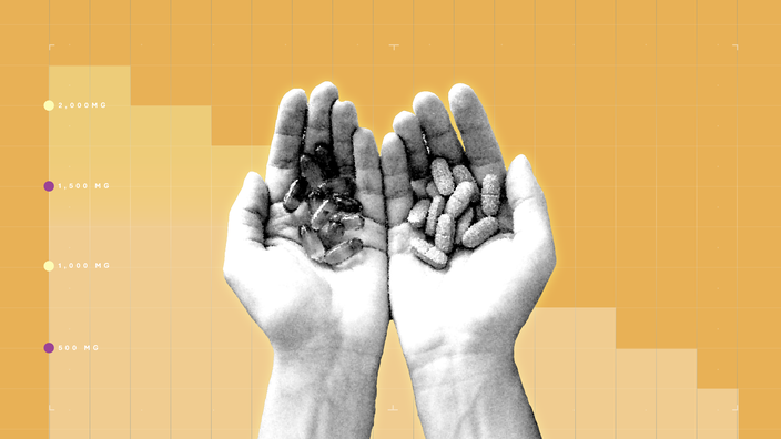 Light-orange background with graph paper texture and representational step graph. In the center are two cupped hands holding piles of vitamin C tablets.