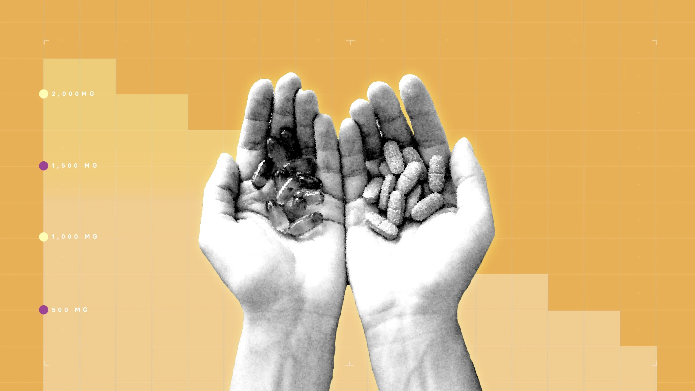 Light-orange background with graph paper texture and representational step graph. In the center are two cupped hands holding piles of vitamin C tablets.
