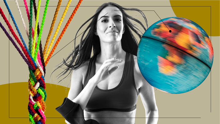 Graphic representing learning to walk again features a woman exercising, a woven bracelet, and a spinning globe.
