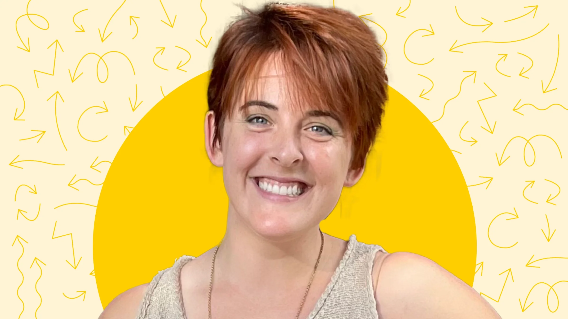 Mariah Metzger is pictured on a yellow background with a doodle arrow pattern. 