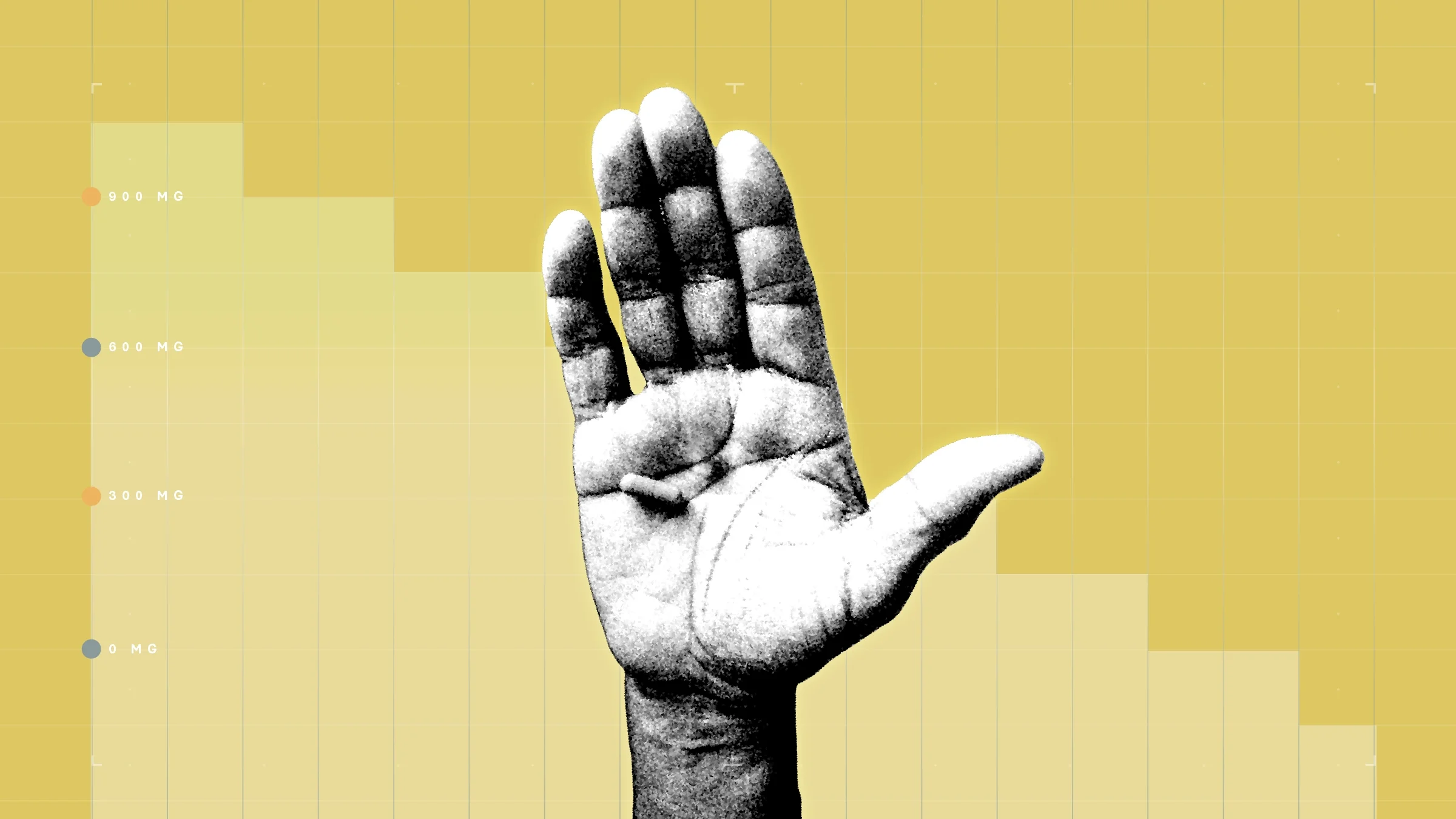 Light yellow background with graph paper texture and representational step graph. In the center is a black and white cutout of a hand holding a single capsule pill.