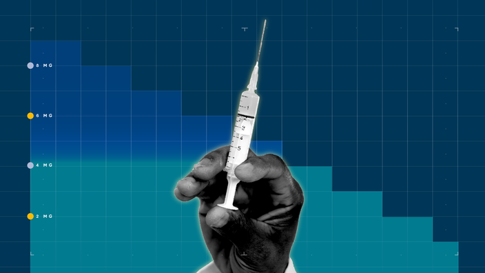 In the center of a dark blue background with graph paper texture and representational step graph is a black and white cutout of a hand holding a syringe. 