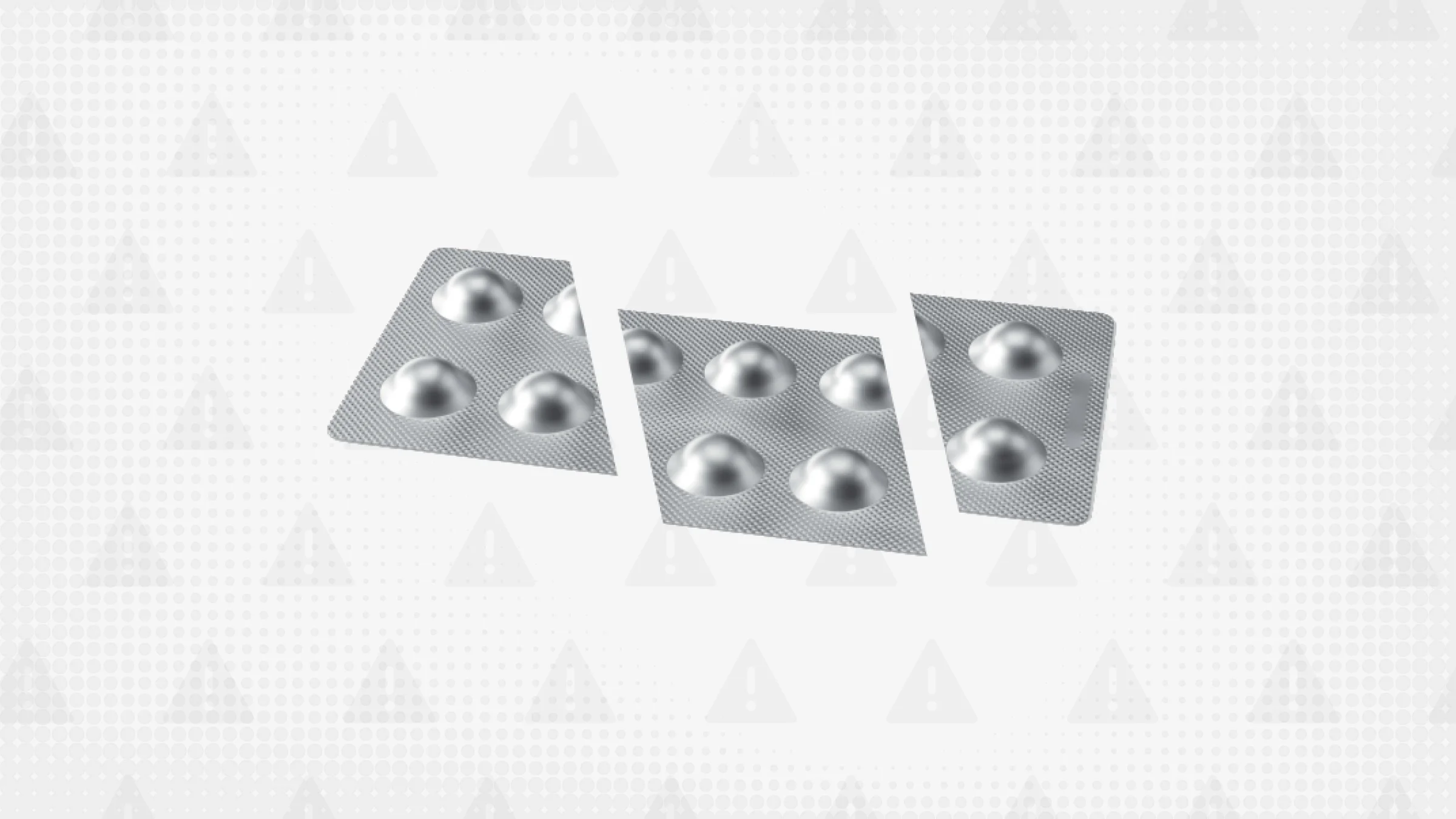 A custom graphic features a light-gray background with a warning sign pattern and a blister pill pack cut into thirds.