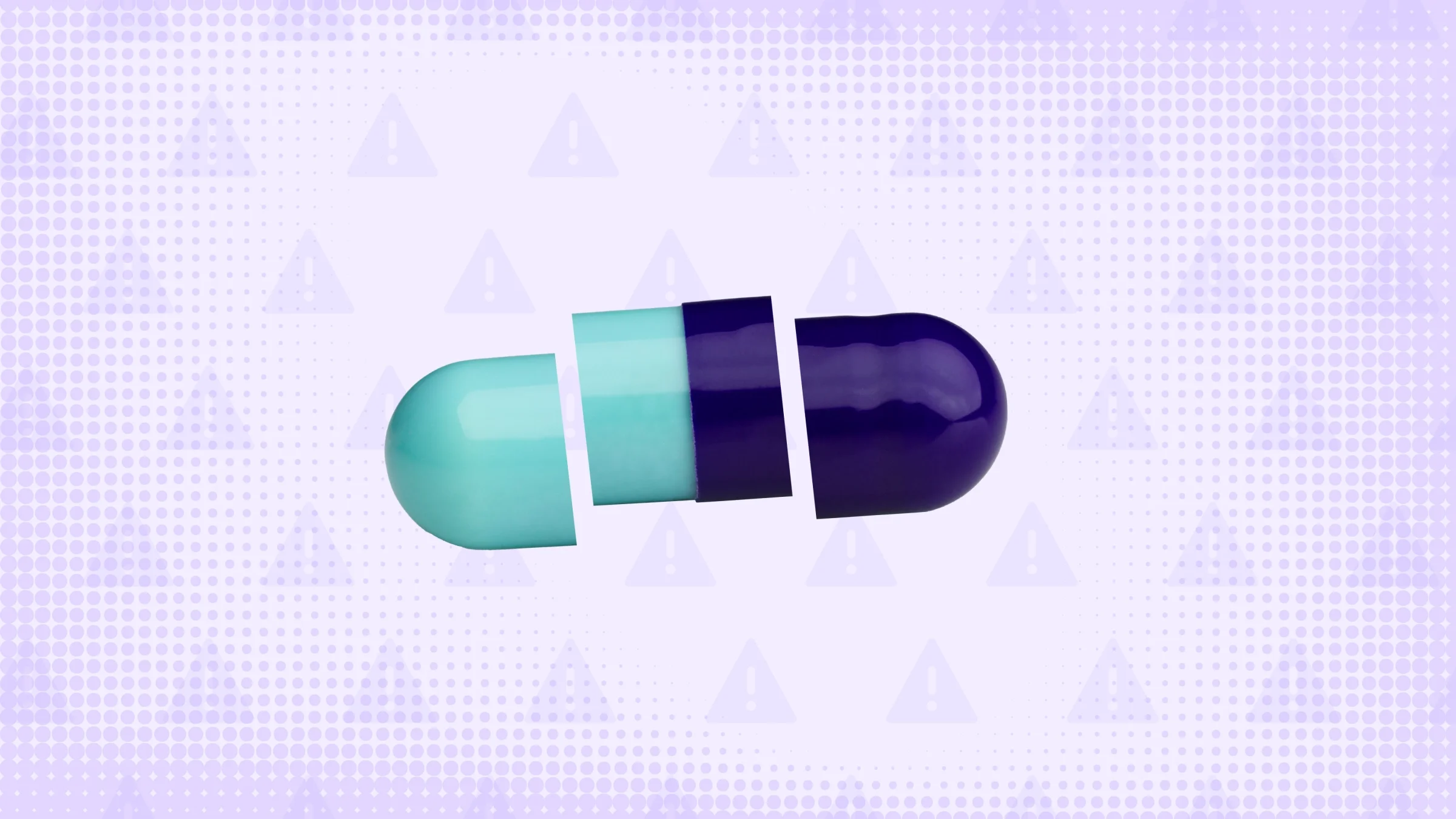 In the center of a light purple background with texture and warning sign pattern is a teal and purple capsule pill cut into thirds. 