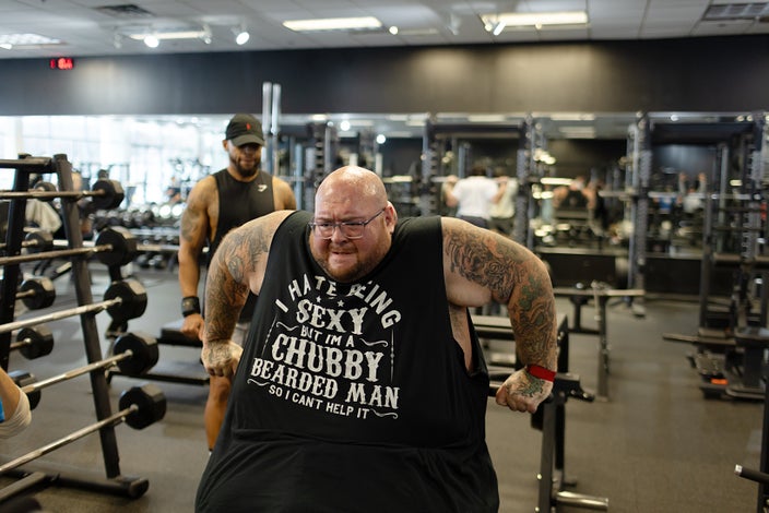 Pete Brennan is shown working out at The King of Gains Gym in New Jersey with his trainer Dwight Lindsay.