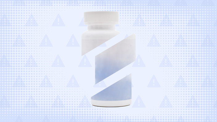 A custom graphic features a blue background with a warning-sign pattern and a pill bottle cut into thirds. 