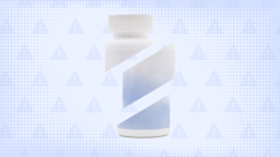 A custom graphic features a blue background with a warning-sign pattern and a pill bottle cut into thirds. 
GoodRx Health