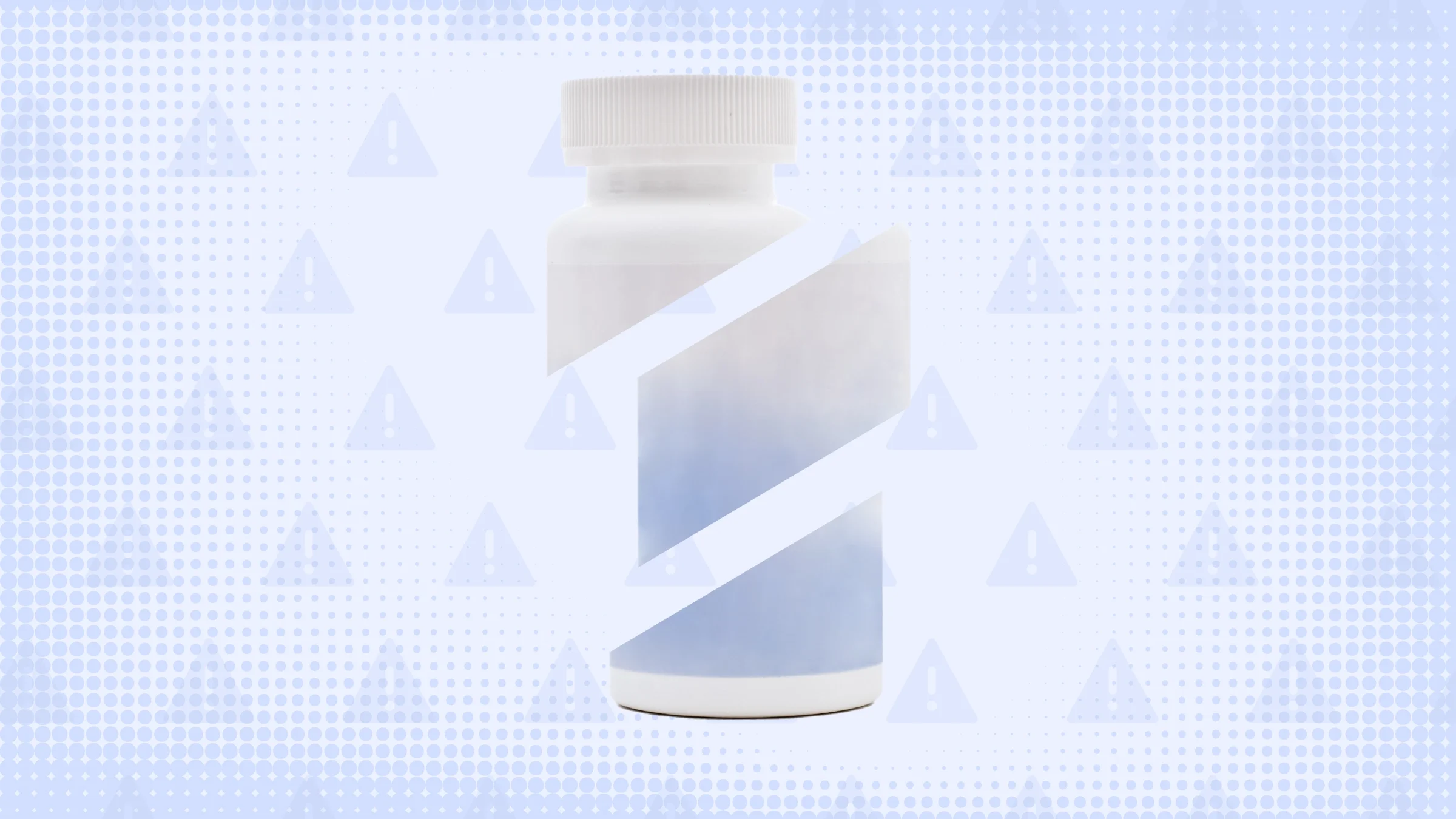 A custom graphic features a blue background with a warning-sign pattern and a pill bottle cut into thirds.