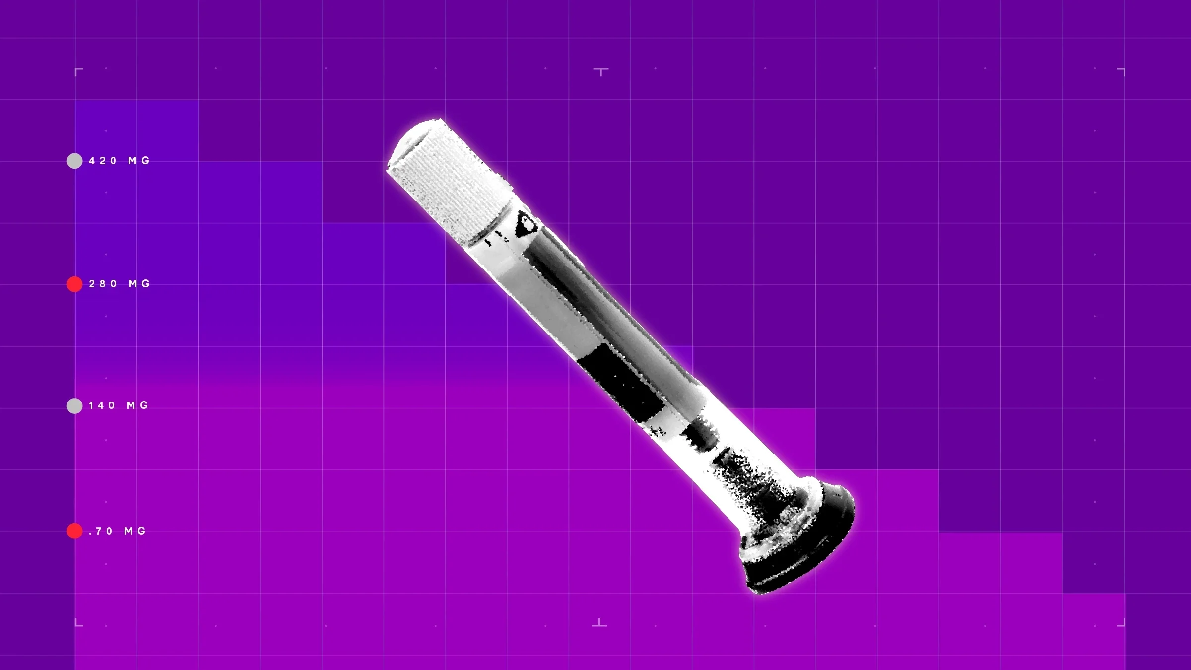 Dark purple background with graph paper texture and representational step graph. In the center is a a black and white textured image of an insulin pen. 