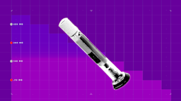 Dark purple background with graph paper texture and representational step graph. In the center is a a black and white textured image of an insulin pen. 
GoodRx Health
