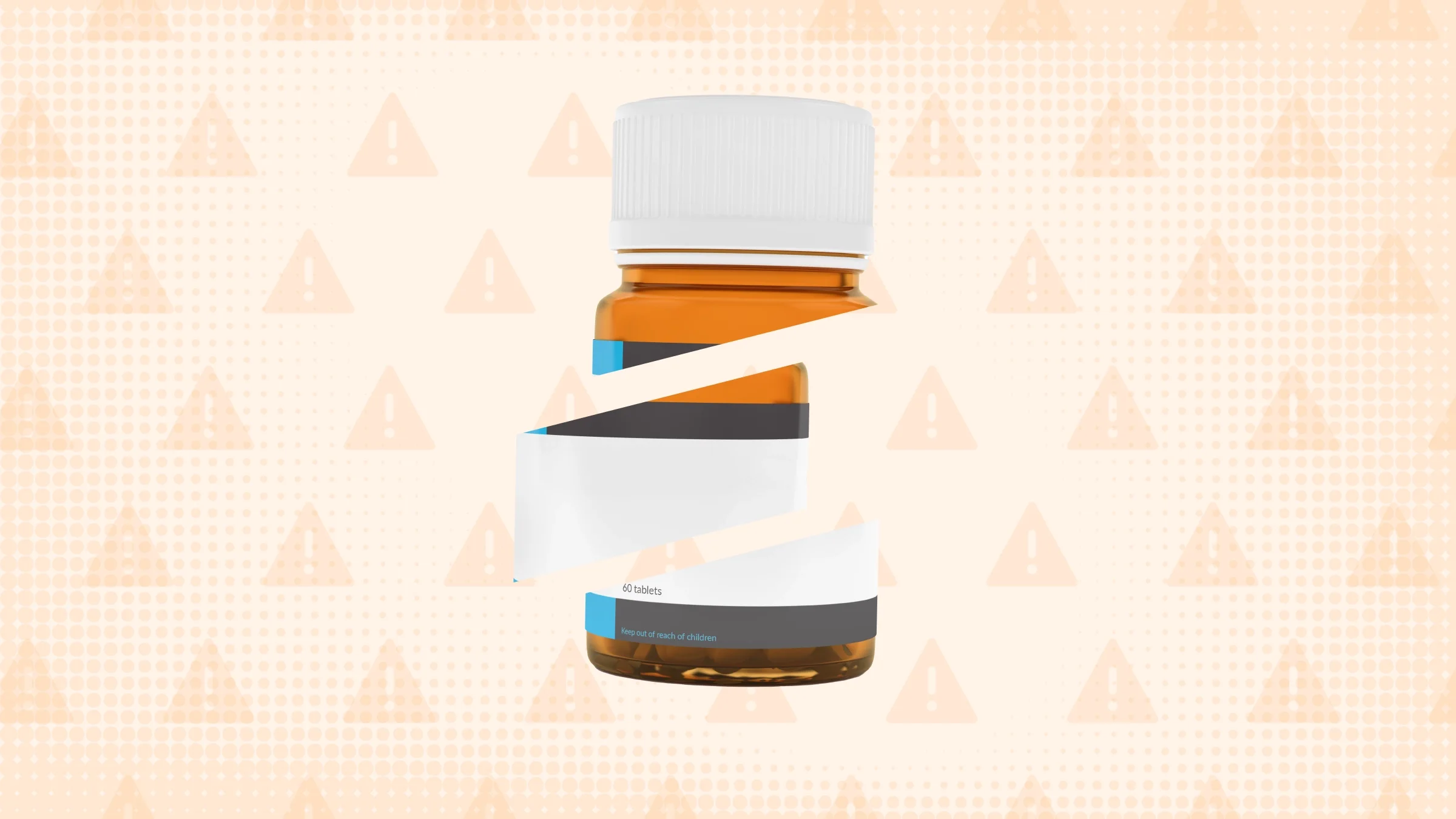 In the center of a light orange background with texture and warning sign pattern is a short prescription bottle cut into thirds. 
