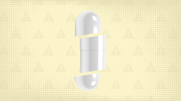 In the center of a yellow-ish background with texture and warning sign pattern is a white capsule pill cut into thirds. 
GoodRx Health