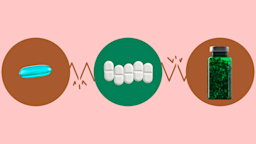 Custom graphic showing what can interact with fosinopril. In the center, on a green circle, is a line of five white pills. On the right, on a red circle, is a green supplement bottle. On the left, on a red circle, is a blue-teal capsule pill.
GoodRx Health 
