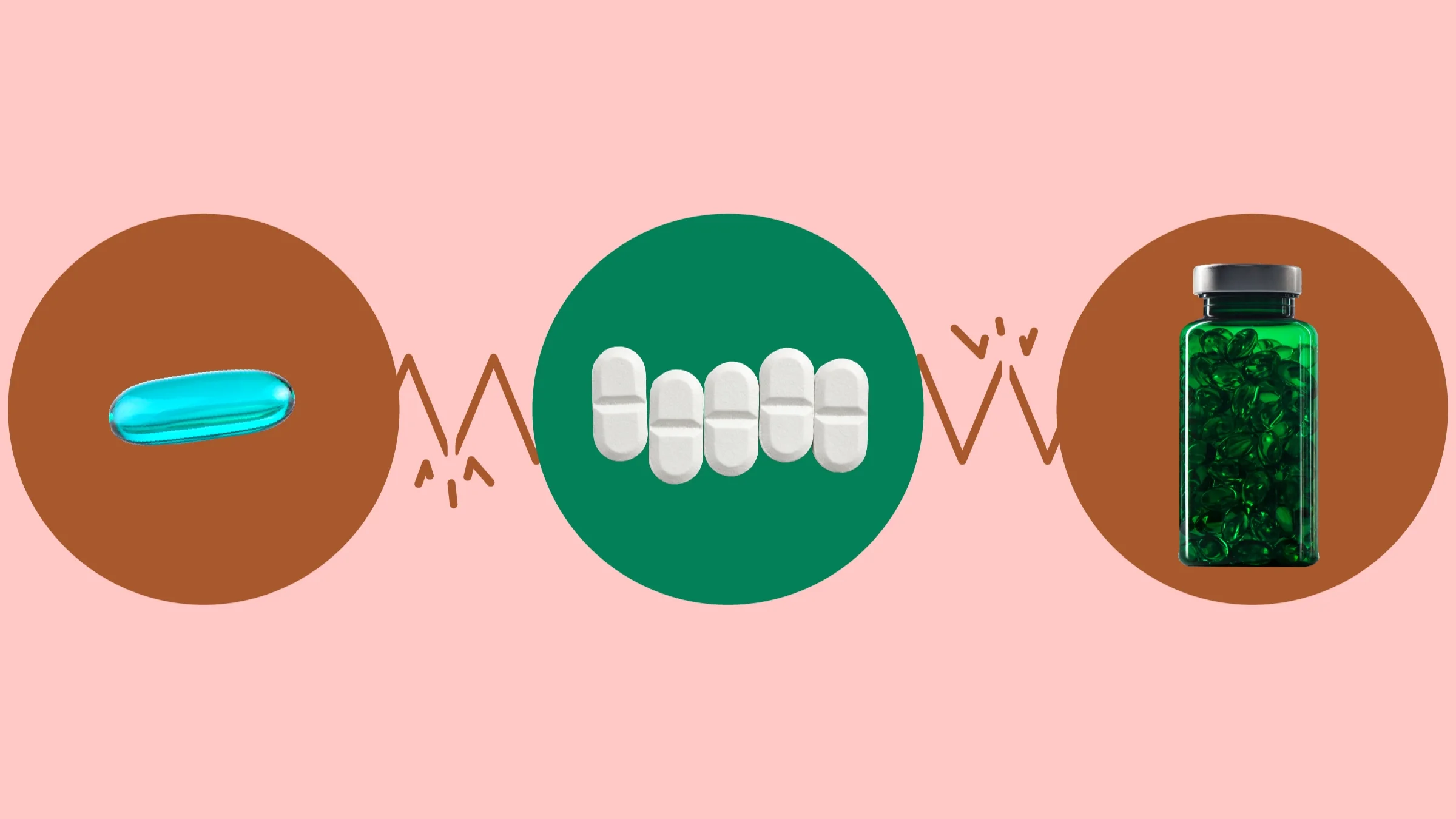 Custom graphic showing what can interact with fosinopril. In the center, on a green circle, is a line of five white pills. On the right, on a red circle, is a green supplement bottle. On the left, on a red circle, is a blue-teal capsule pill.