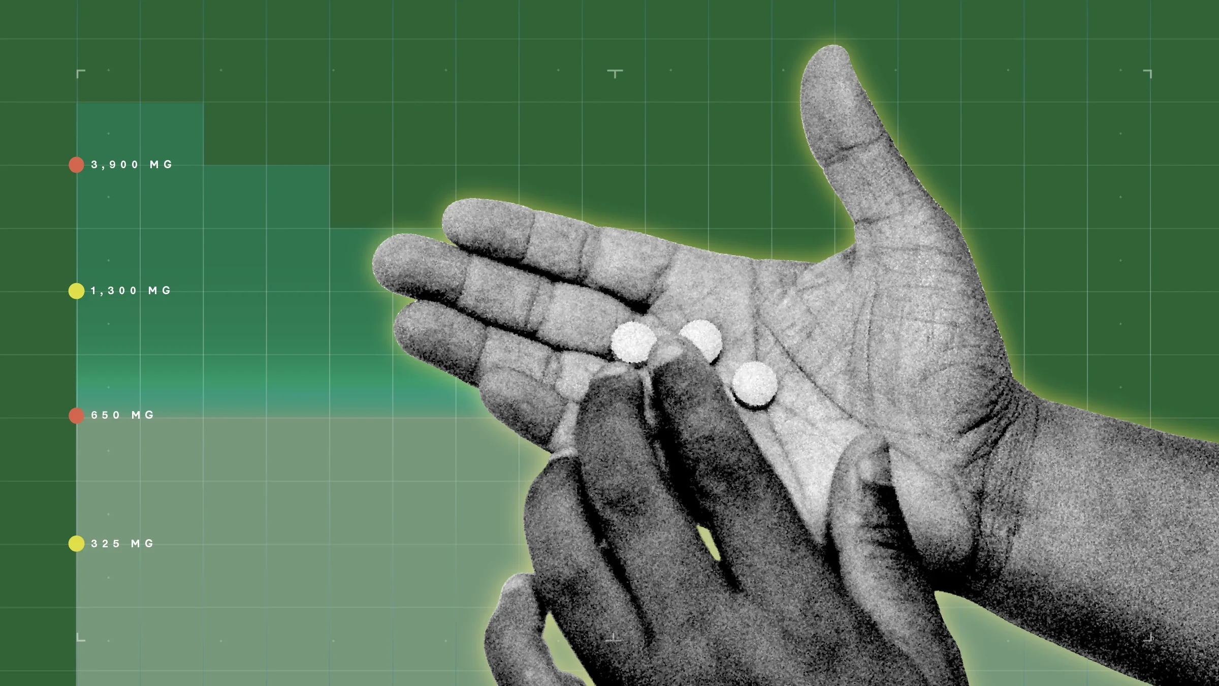 Green background with graph paper texture and representational step graph. In the center is a black and white cutout of hands holding 3 round pills. 
GoodRx Health
