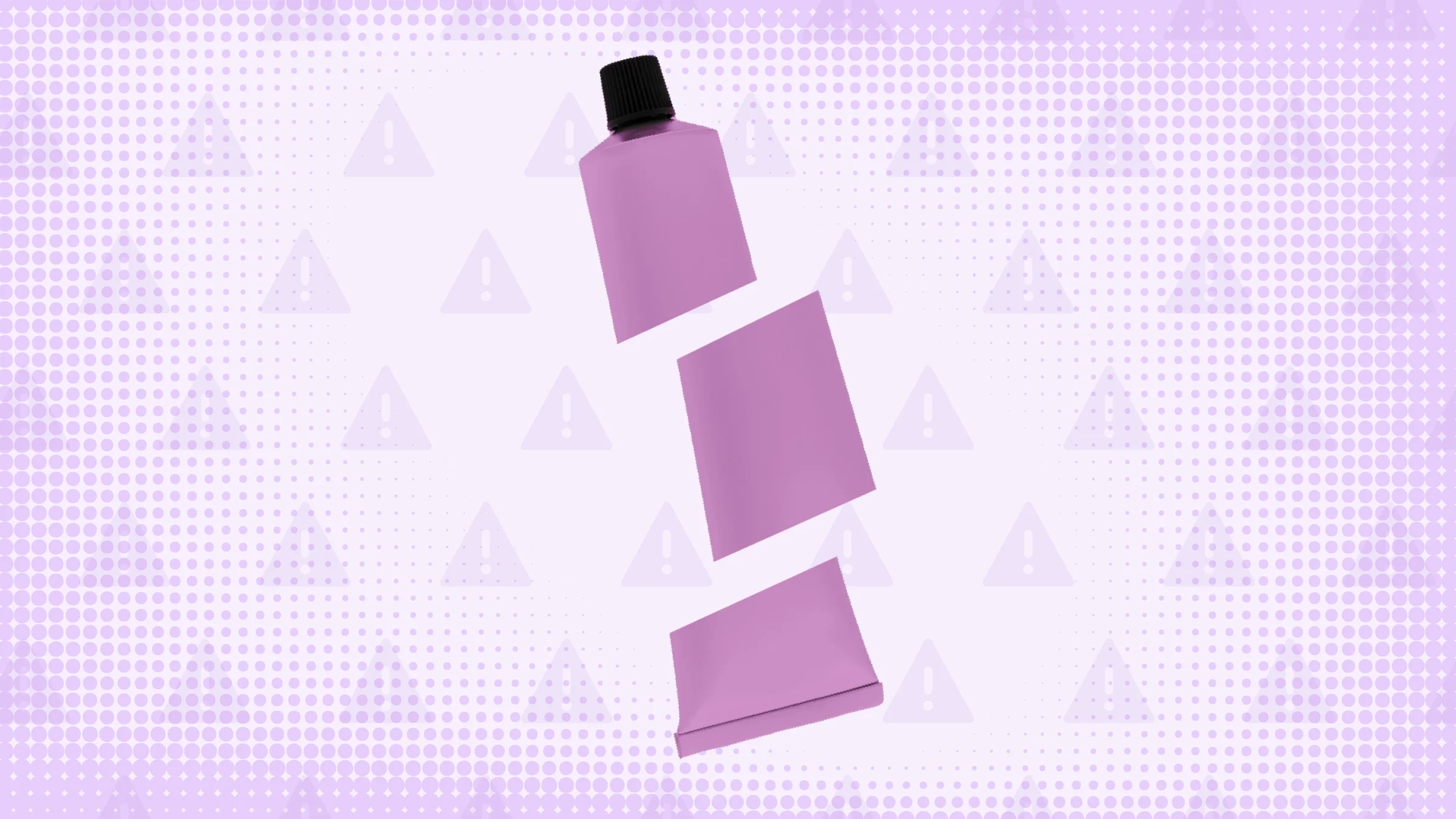 Light purple background with a halftone texture and warning sign pattern. In the center is a light purple prescription cream tube with a black cap cut into thirds.