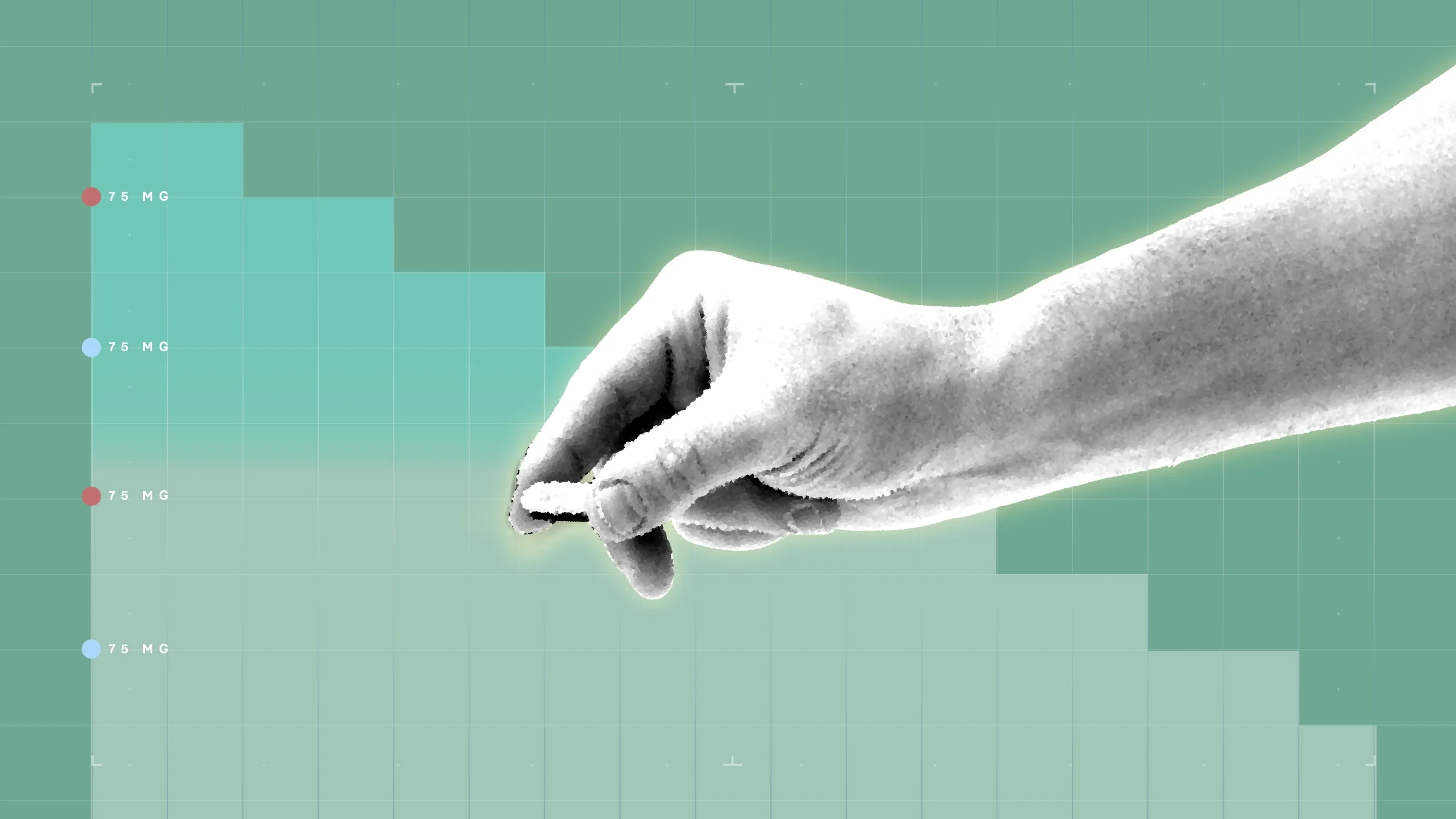 In the center of a light teal-green background with graph paper texture and representational step graph is a black and white cutout of a hand holding a single pill.