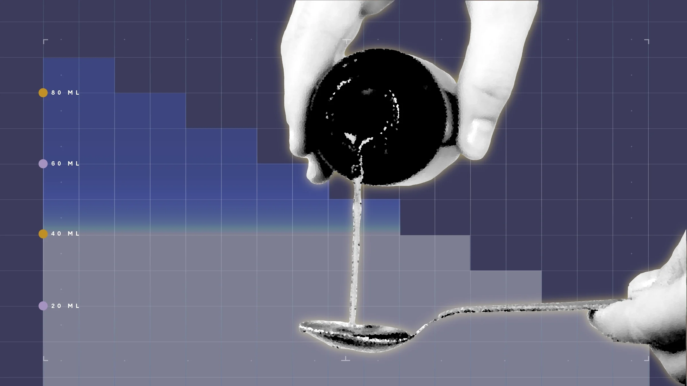 A graphic includes a violet graph-paper background and a black-and-white cutout of hands pouring a spoonful of liquid medication.  