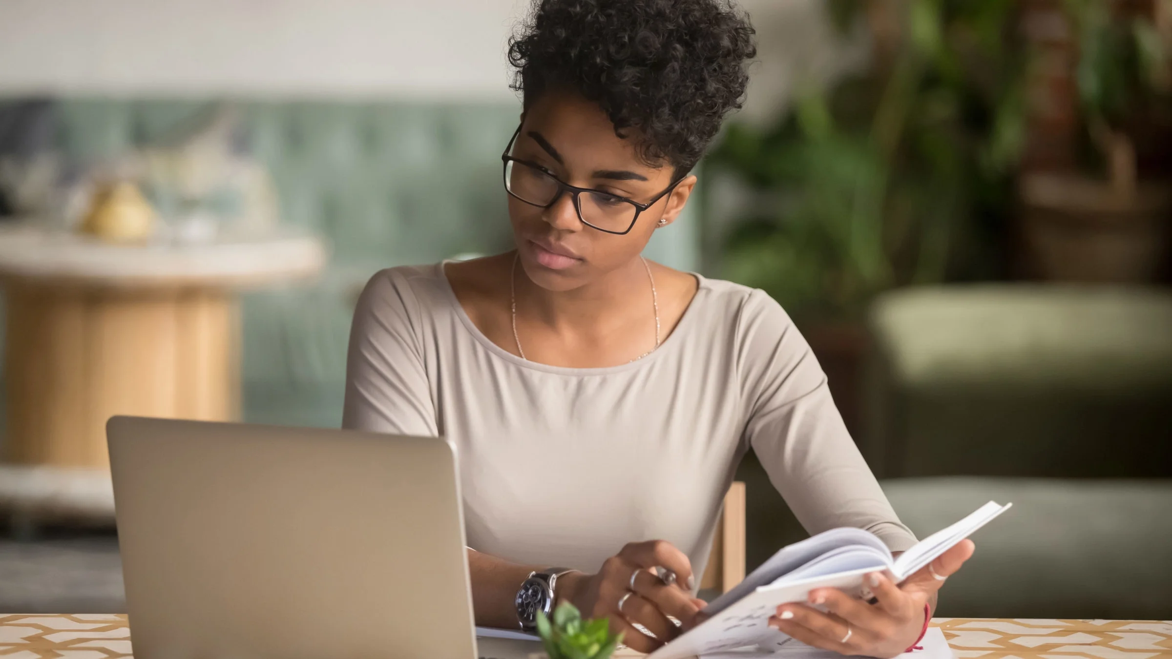 Woman focuses while doing work