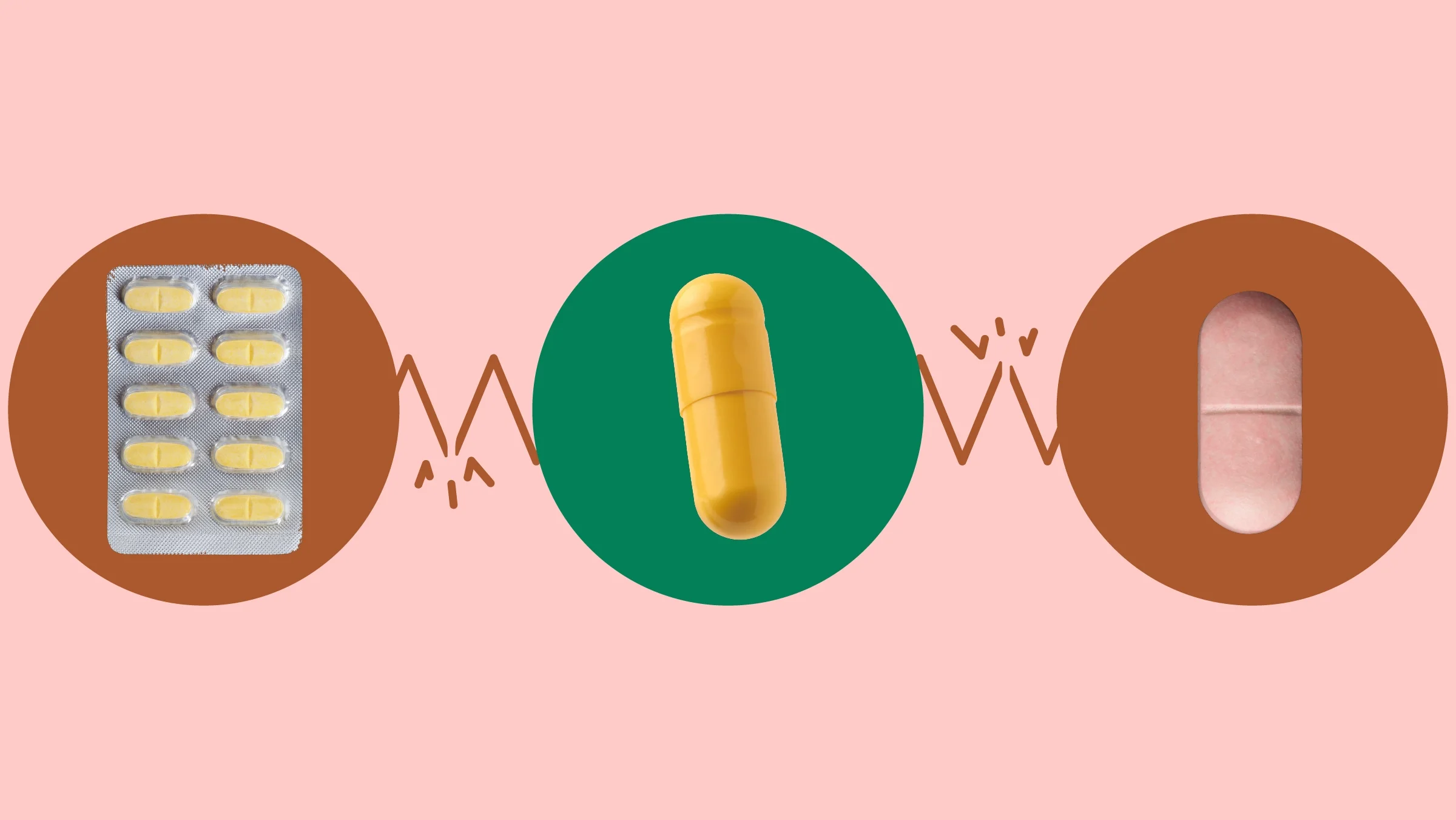 Light red background with three circles across the middle of the frame. In the center, on a green circle, is a yellow capsule pill. On the left, on a red circle, is a blister pack of yellow pills. On the right, on a red circle, is a peach-colored pill.