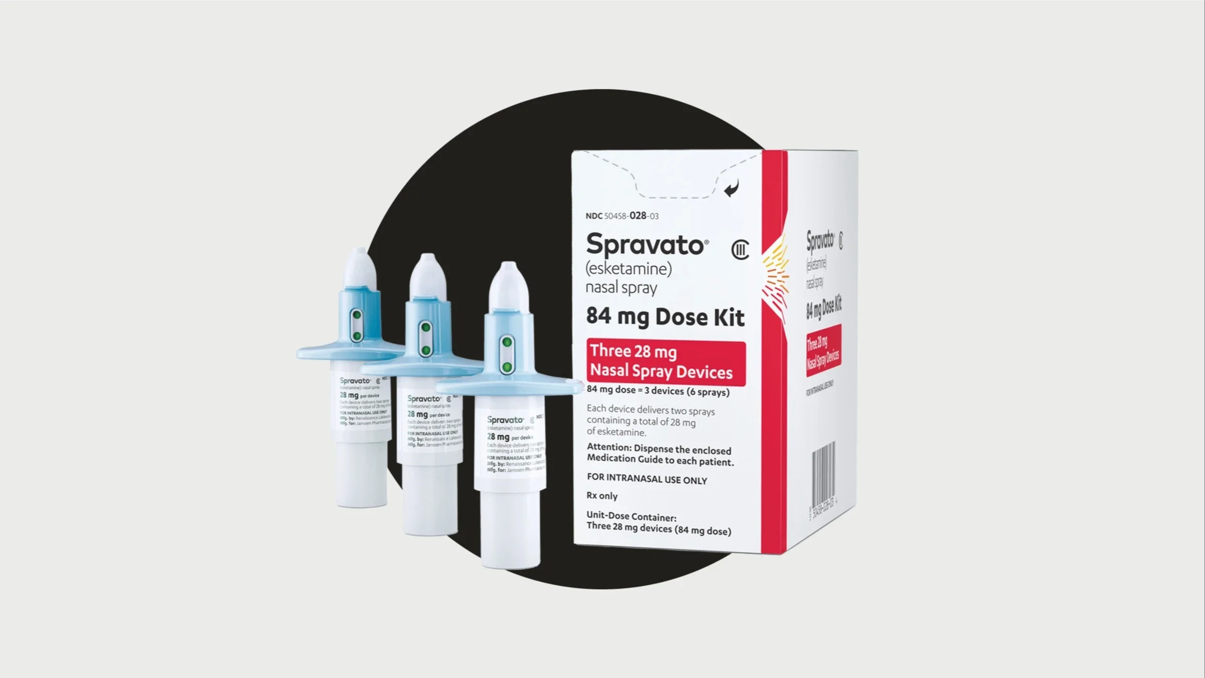 A Spravato box with three devices are pictured against a black background.