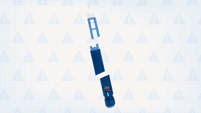 Light blue background with overlayed warning sign pattern in darker blue. In the center is a  blue insulin pen that is cut up into three sections.
