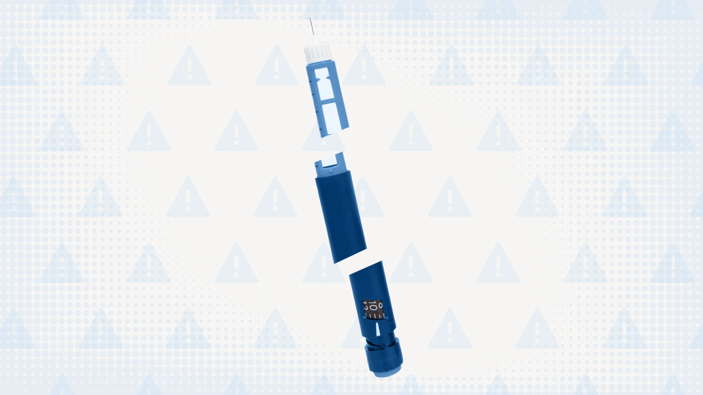 Light blue background with overlayed warning sign pattern in darker blue. In the center is a blue insulin pen that is cut up into three sections.
GoodRx Health