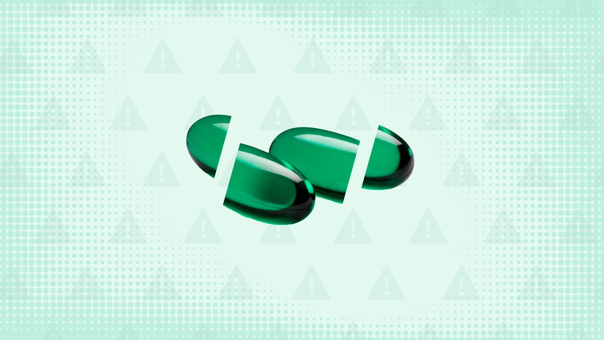 A graphic includes a light-green, warning-sign-pattern background and two Nyquil gel capsules cut into thirds.