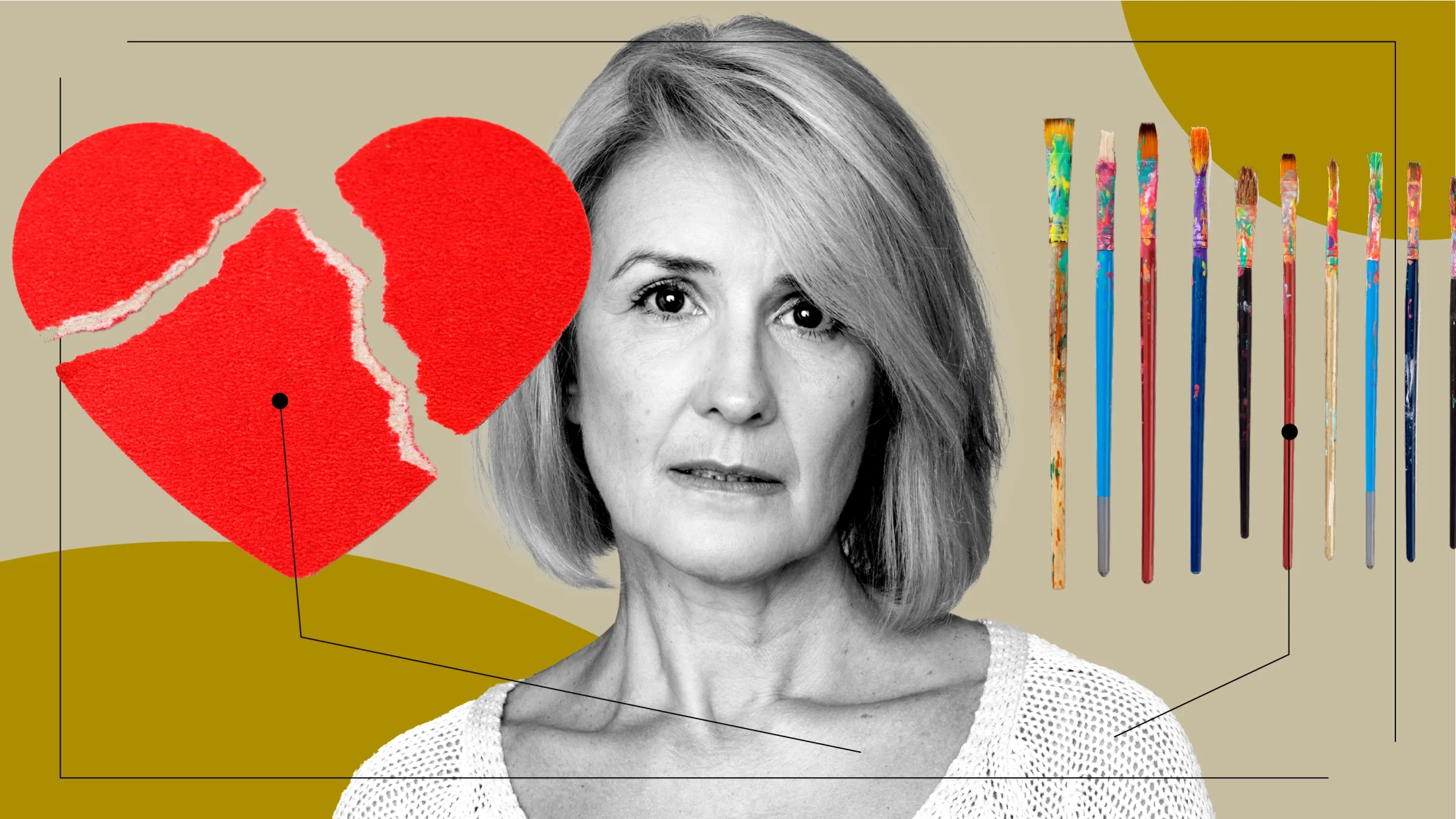 Custom graphic with a black-and-white photo of a sad woman in the center. Off of her are diagram lines pointing to items representing what it feels like to care for an anxious child. One item is a ripped-up heart, and the others are messy paint brushes.