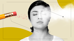 Graphic with a tan background with yellow circles in the corners. There is a black-and-white portrait of a woman feeling relief from symptoms. Diagram lines point to fog lifting and to a pencil eraser, representing the symptoms going away.
GoodRx Health