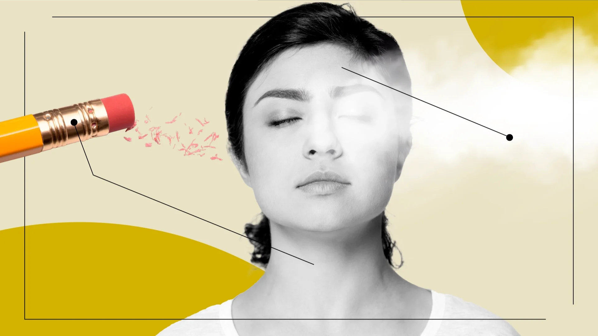 Graphic with a tan background with yellow circles in the corners. There is a black-and-white portrait of a woman feeling relief from symptoms. Diagram lines point to fog lifting and to a pencil eraser, representing the symptoms going away.