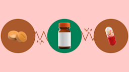 Light-red background with three circles across the middle of the frame. In the center, on a green circle, is a brown-and-orange pill bottle. On the left, on a red circle, are two round orange pills. On the right, on a red circle, is a red-and clear-capsule pill.
GoodRx Health
