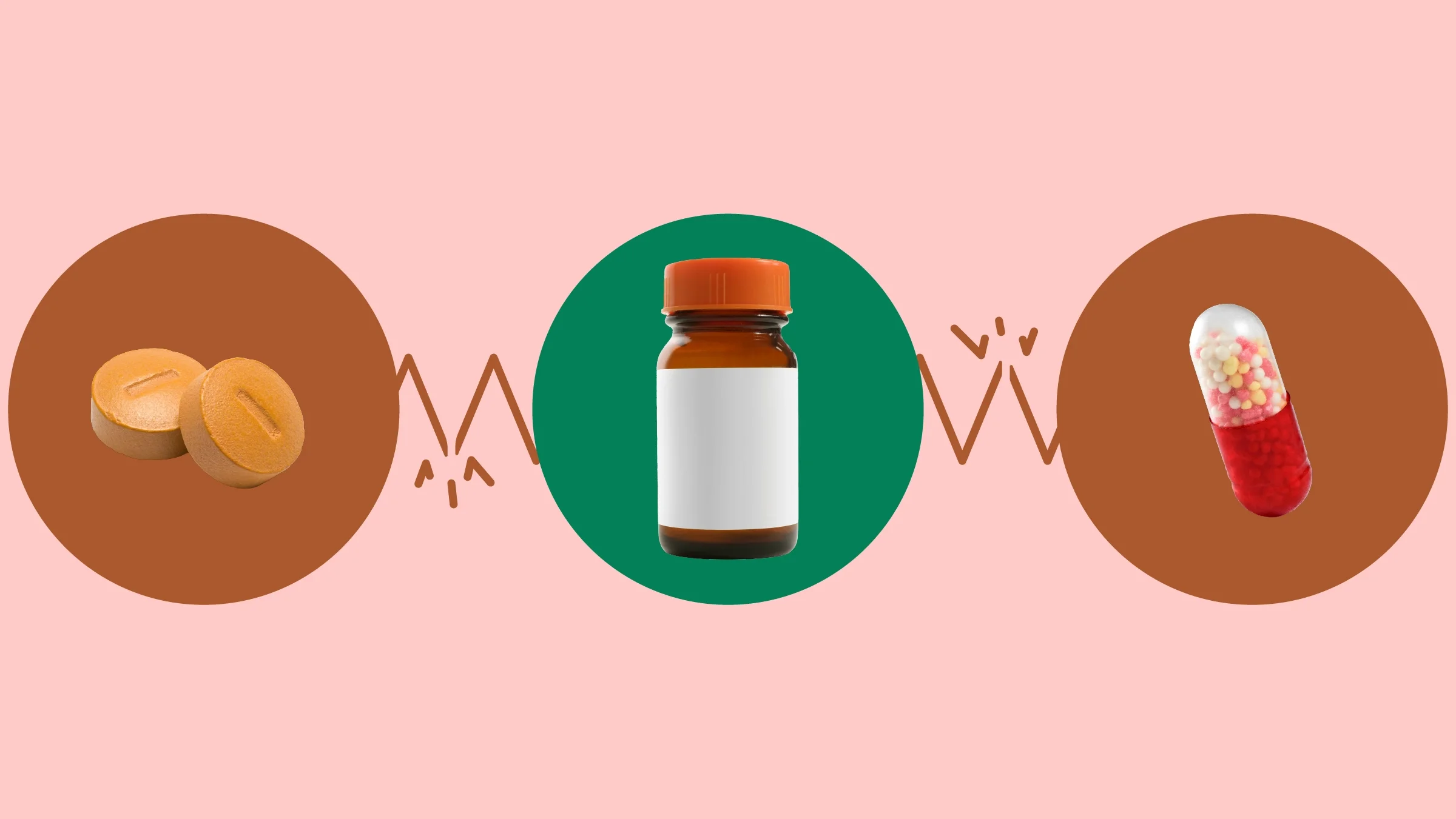 Light-red background with three circles across the middle of the frame. In the center, on a green circle, is a brown-and-orange pill bottle. On the left, on a red circle, are two round orange pills. On the right, on a red circle, is a red-and clear-capsule pill.