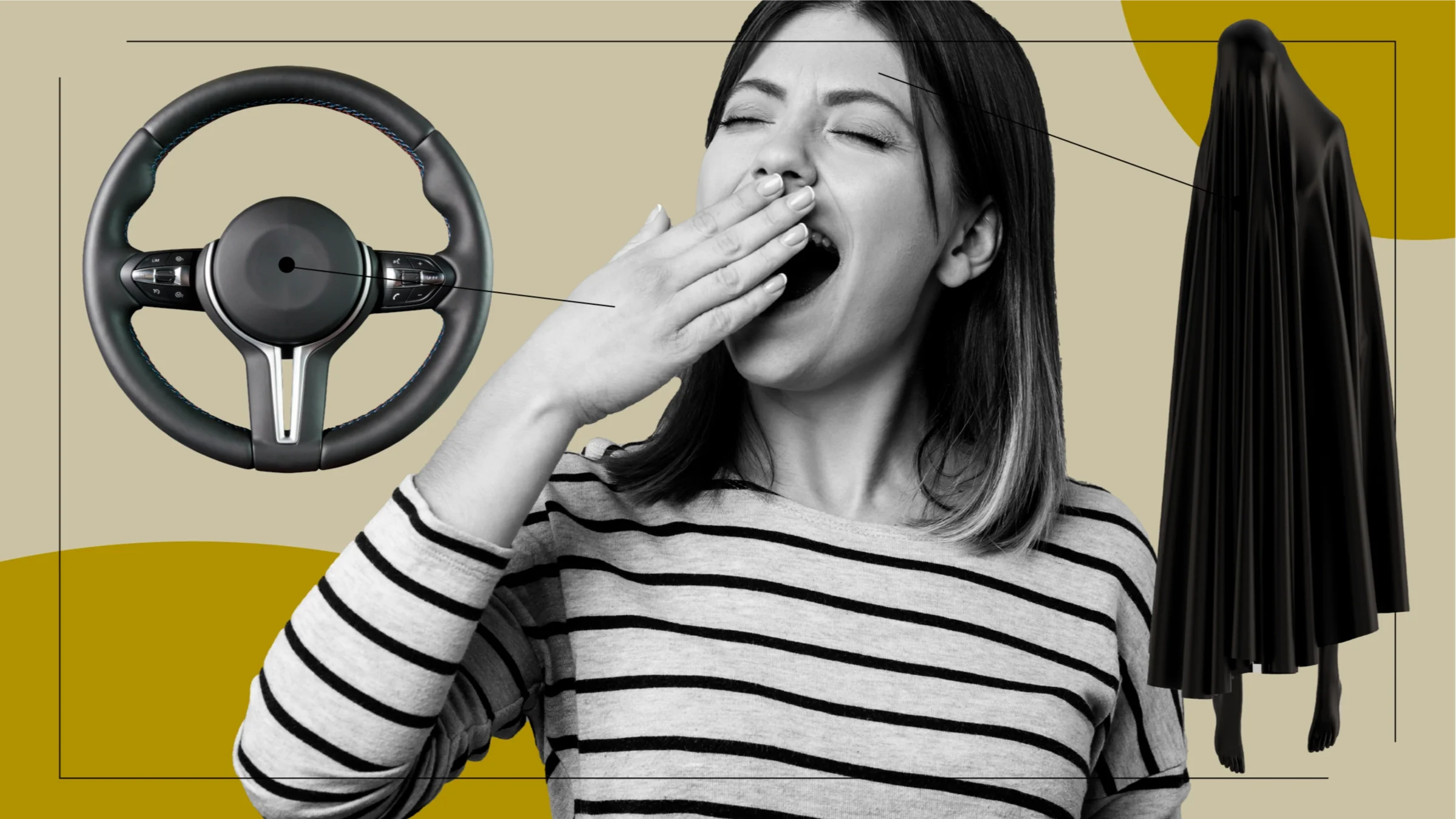 In a black-and-white photo, a woman is yawning. On either side are photos of items representing narcolepsy: a steering wheel and a ghost in a black sheet. 