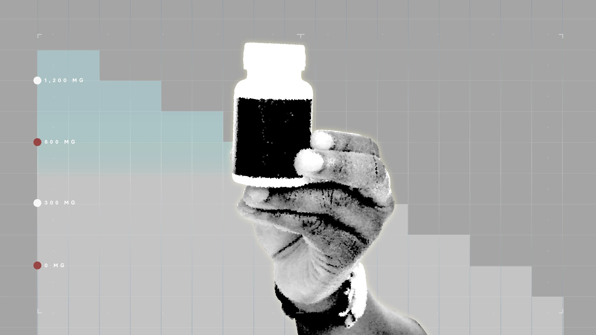 Gray background with graph paper texture and representative step graph. In the center is a black and white cutout of hand holding a pill bottle with a plain label.