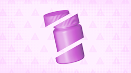 Light-purple background with texture and a warning sign pattern. In the center is a purple pill bottle cut into thirds.
GoodRx Health
