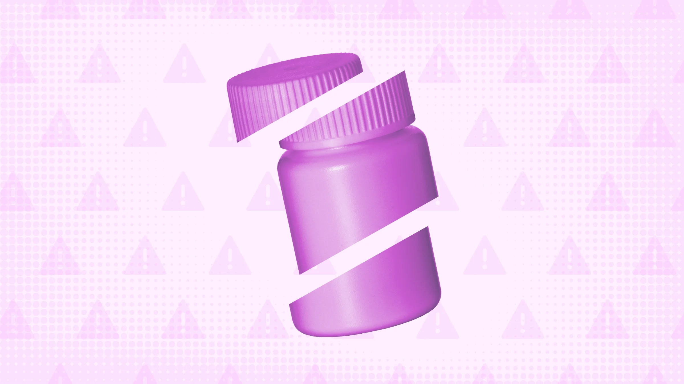 Light-purple background with texture and a warning sign pattern. In the center is a purple pill bottle cut into thirds.