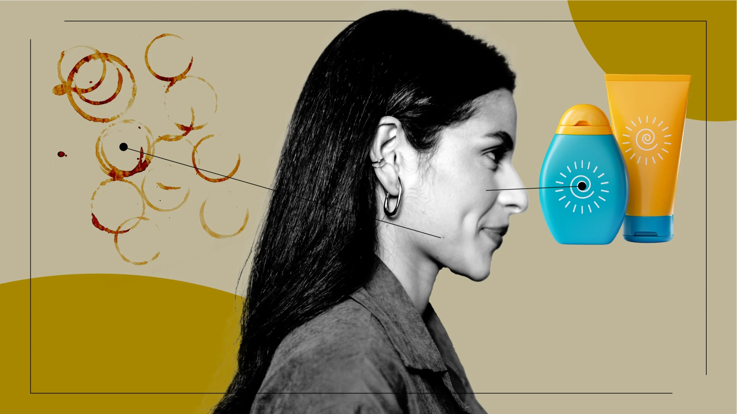A graphic includes a portrait of a woman in profile and images that relate to skin cancer: coffee rings representing skin discoloration and bottles of sunscreen.