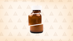 In the center of a light brown background with texture and warning sign pattern is a brown medicine bottle cut into thirds. 
GoodRx Health