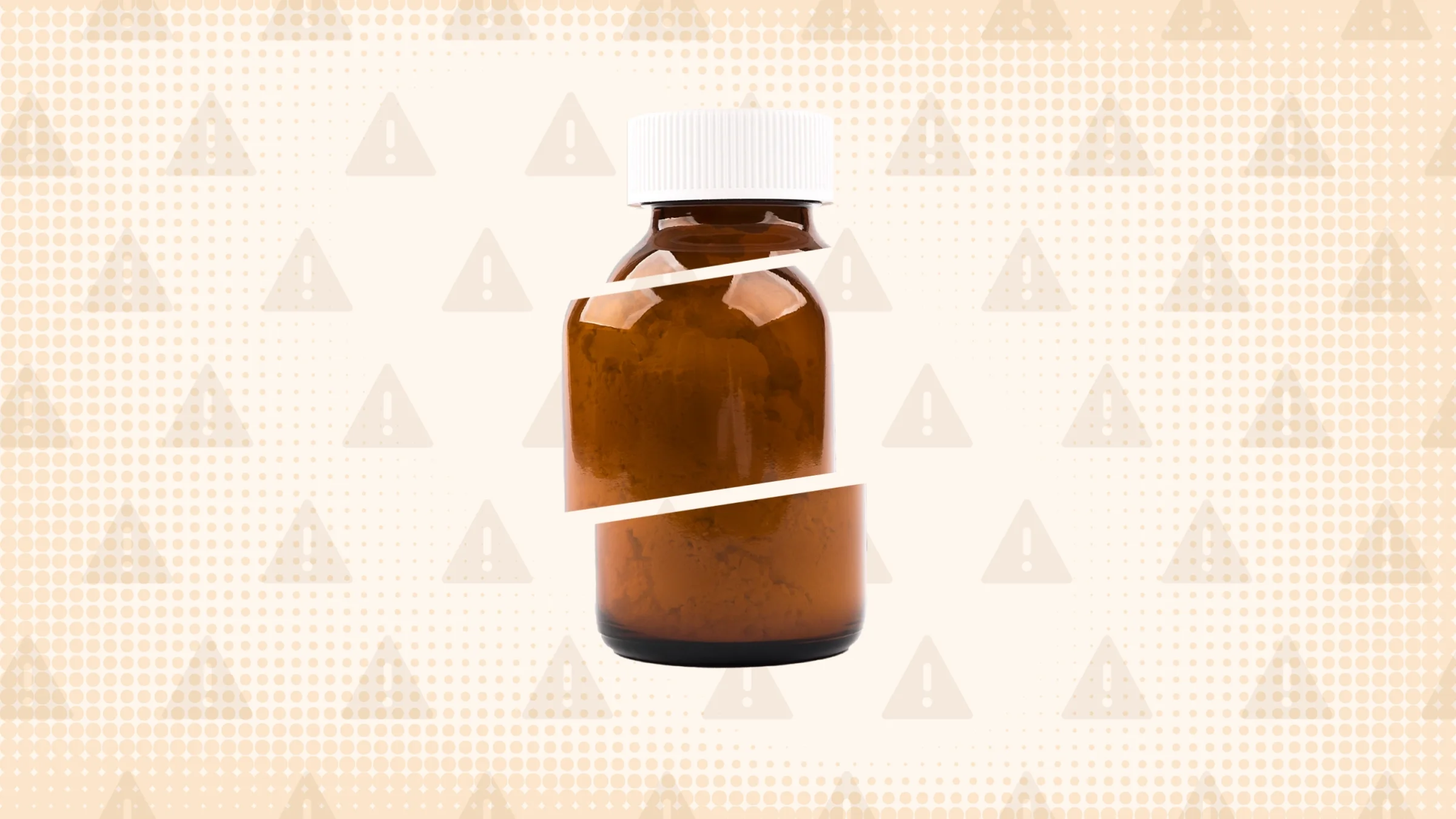 In the center of a light brown background with texture and warning sign pattern is a brown medicine bottle cut into thirds. 