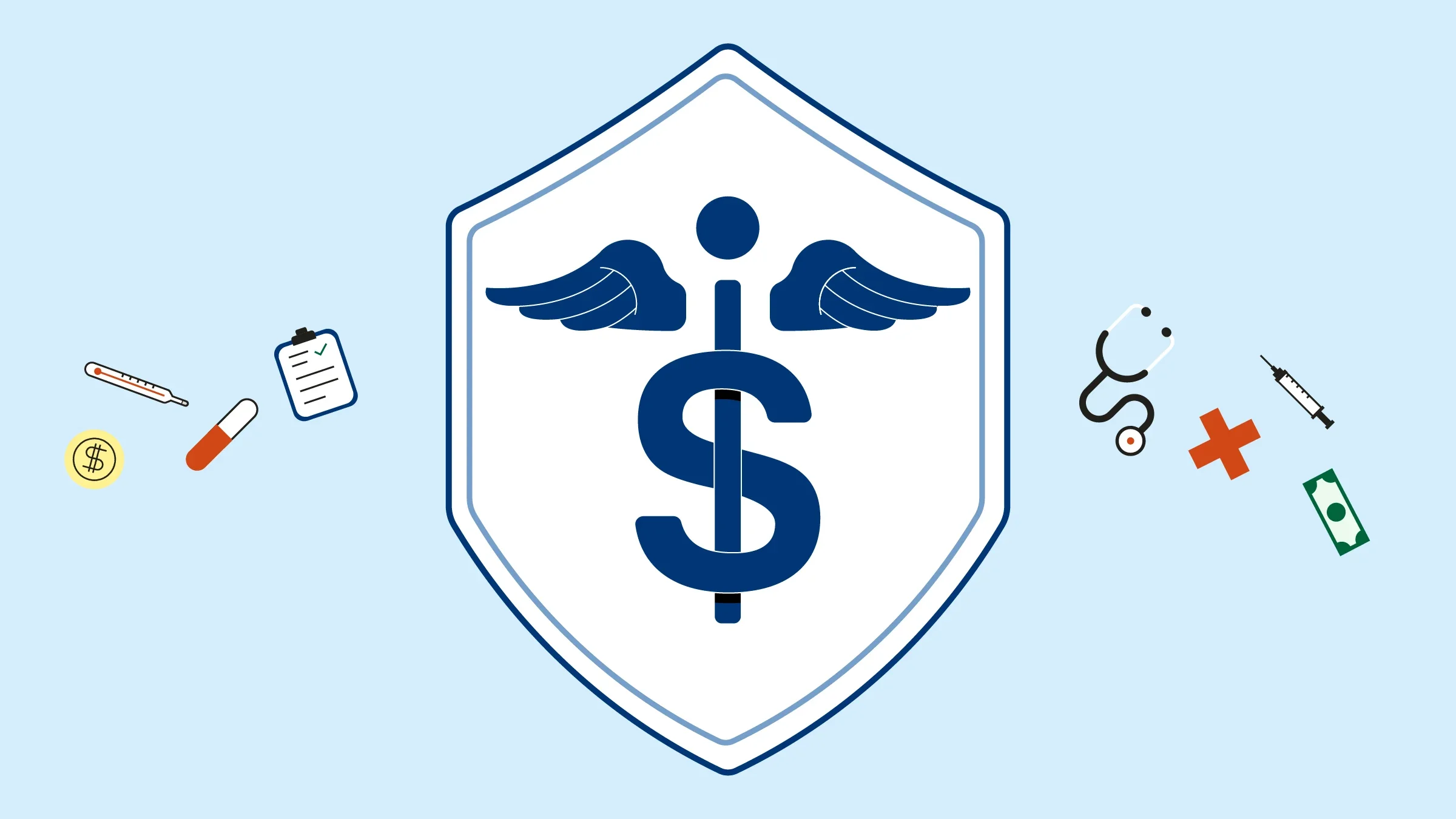Light blue background with shield illustration with a symbol that combines the medical staff and dollar sign together. On either side of it are illustrations representing other aspects of a healthcare experience.
GoodRx Health