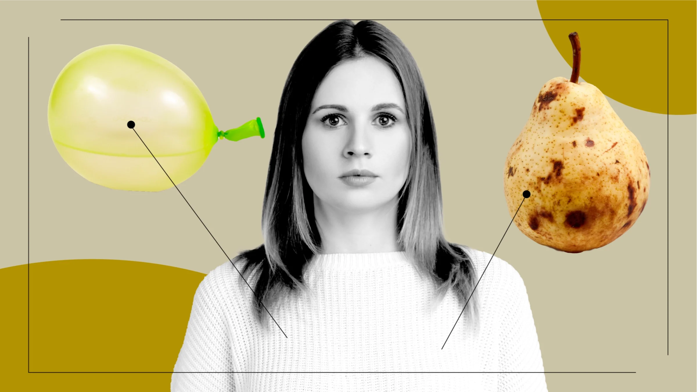 A custom graphic includes a black-and-white portrait of a woman and items that represent how IVF feels: a water balloon and a bruised pear.