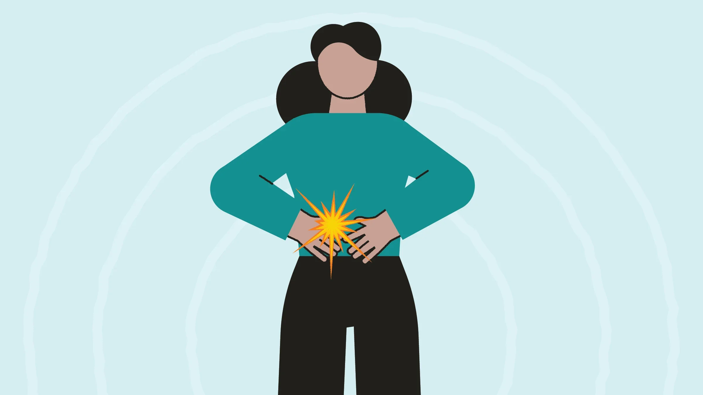 Light teal background with radial lines. In the center is an illustration of a person with abdominal pain represented by a yellow and orange accents. 
GoodRx Health
