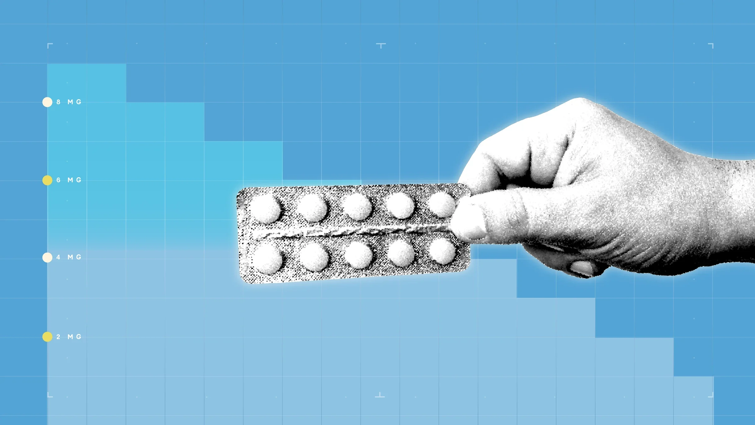 Light blue background with graph paper texture and representational step graph. In the center is a black and white cutout of a hand holding a blister pack of pills.
GoodRx Health