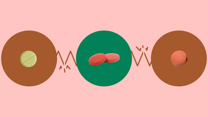 This graphic depicts a light red background with three circles across the frame. In the center, on a green circle, are two round red pills. On the left, on a red circle, is a round yellow pill. On the right, on a red circle, is a round red circle.