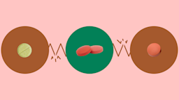 This graphic depicts a light red background with three circles across the frame. In the center, on a green circle, are two round red pills. On the left, on a red circle, is a round yellow pill. On the right, on a red circle, is a round red circle.
GoodRx Health