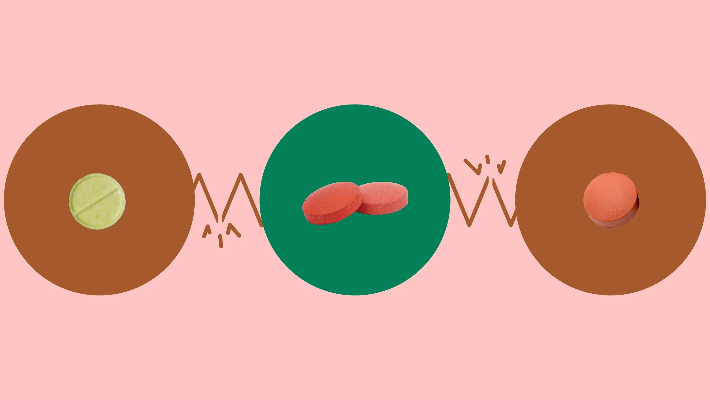 This graphic depicts a light red background with three circles across the frame. In the center, on a green circle, are two round red pills. On the left, on a red circle, is a round yellow pill. On the right, on a red circle, is a round red circle.